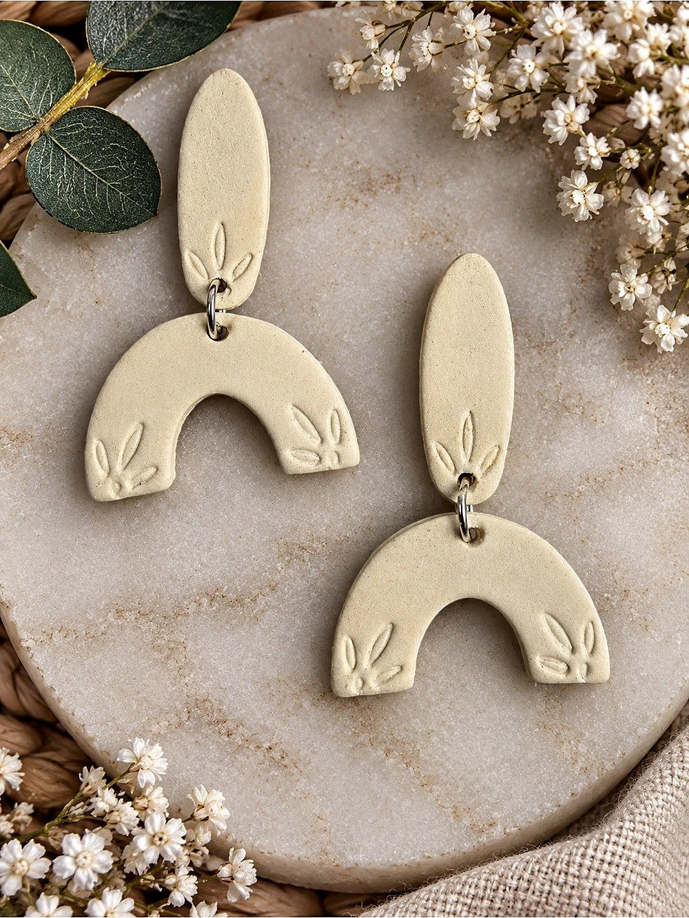 Cream Geometric Drop Handmade Polymer Clay Earrings